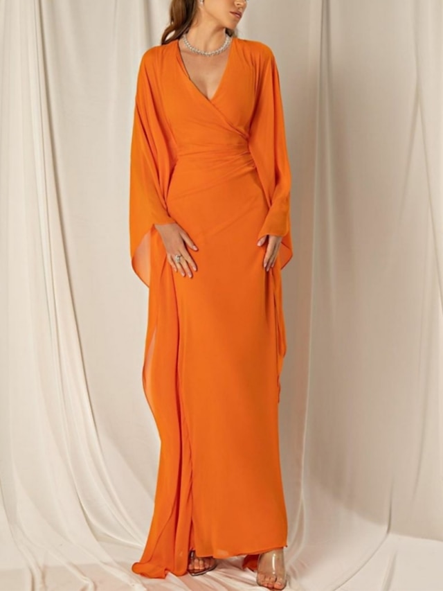  Ίσια Γραμμή Βραδινά φορέματα Κομψό Φόρεμα Επίσημο Χειμώνας Μέχρι τον αστράγαλο Μακρυμάνικο Λαιμόκοψη V Σιφόν με Πιασίματα Βολάν 2024