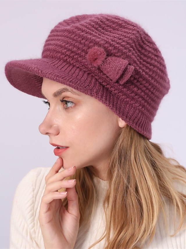  γυναικείο πλεκτό φιόγκο καπέλο & Διακοσμητικό θερμικό χειμωνιάτικο καπέλο πον πον με αλεξήλιο για εξωτερικούς χώρους