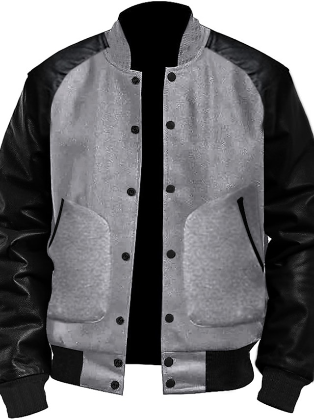  Men's Bomber Jacket Varsity Jacket Outdoor Daily Wear Leather Sleeved Spring &  Fall Plain Fashion Streetwear Stand Collar Short Black White Light Grey Dark Gray Jacket