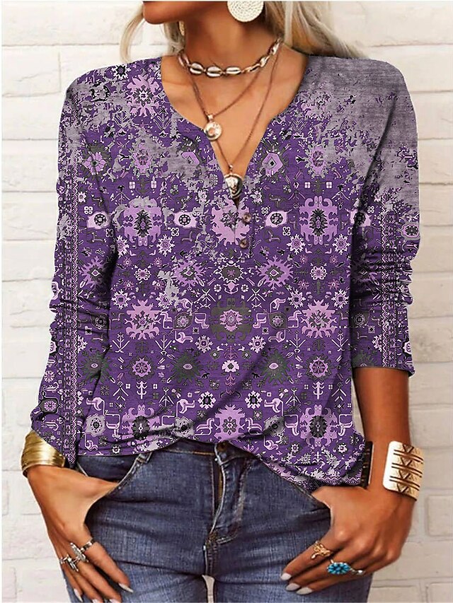 Women's T shirt Tee Floral Button Print Holiday Weekend Daily Basic ...