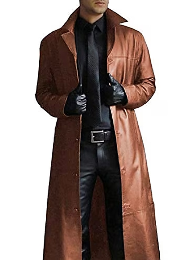 Casaco masculino casaco espanador de couro falso casaco de inverno longo corta-vento lapela cor sólida casaco longo de couro falso jaqueta quente