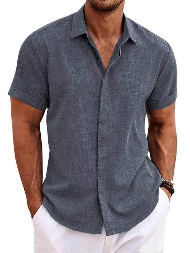  Men's Shirt Linen Shirt Casual Shirt Summer Shirt Beach Shirt Button Down Shirt Black White Blue Short Sleeve Plain Lapel Summer Casual Daily Clothing Apparel