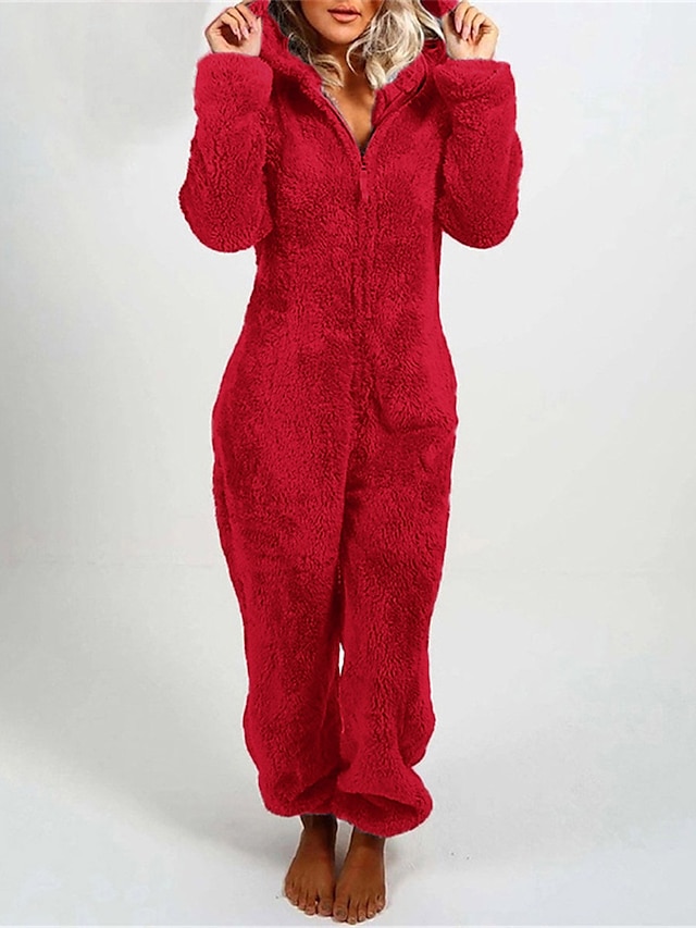  naisten yksiosainen hupullinen pyjama kiinteä punainen muhkea fleece pitkähihaiset talviyöasut mukavat kotivaatteet mukavat kotiasut