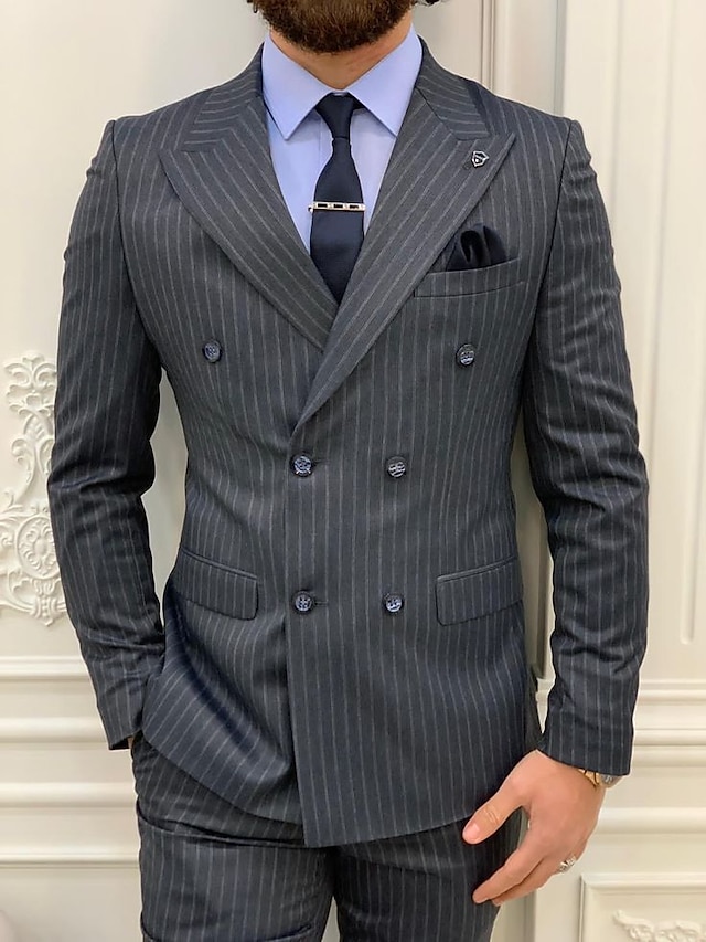  Gray Men's Wedding Party Suits 2 Piece Striped Tailored Fit Single Breasted One-button 2023