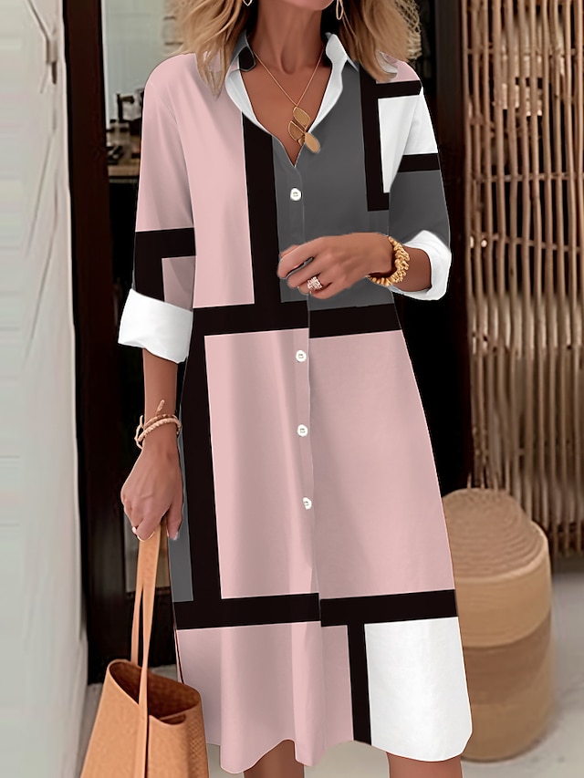  Women's Shirt Dress Casual Dress Midi Dress Outdoor Office Daily Polyester Fashion Modern Shirt Collar Button Pocket Long Sleeve Fall Winter 2023 Loose Fit Pink Sky Blue Orange Geometric Plaid S M L