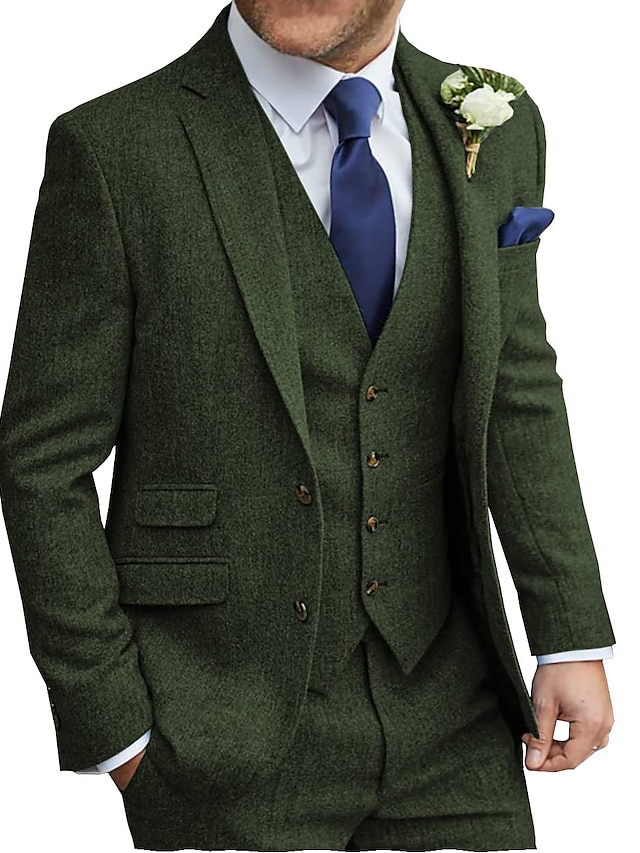  grønn/svart/marineblå tweed bryllupsdresser for menn vintage retro 3 deler ensfarget skreddersydd passform enspent to-knapper 2024
