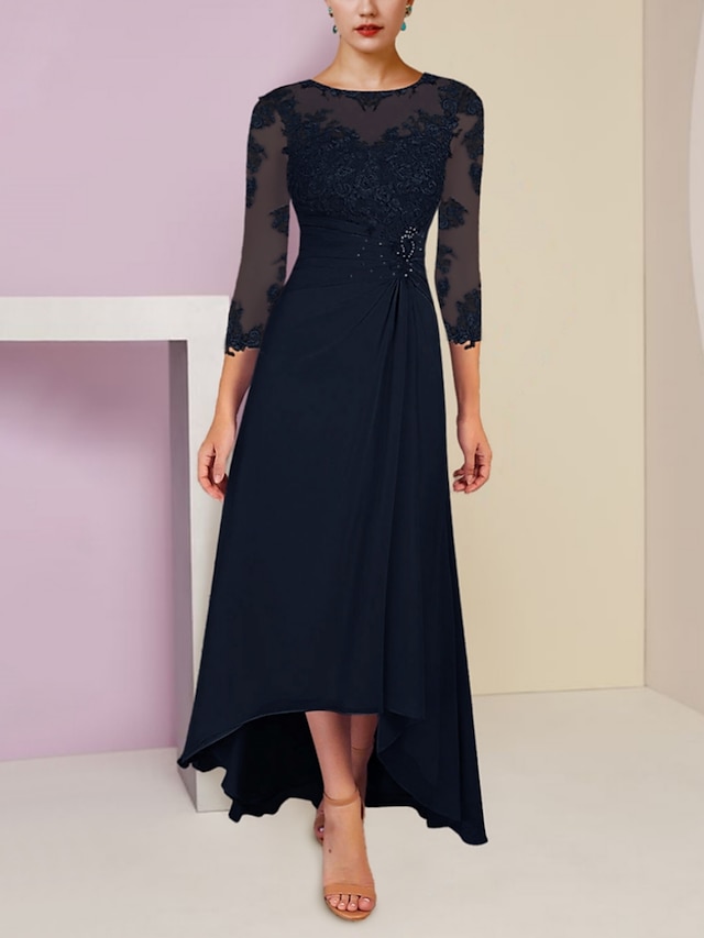  A-Line Mother of the Bride Dress Wedding Guest Elegant Scoop Neck Asymmetrical Ankle Length Chiffon 3/4 Length Sleeve with Lace Sequin Ruching 2024