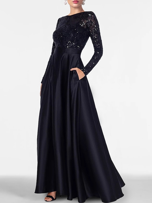 Γραμμή Α Βραδινά φορέματα Κομψό Φόρεμα Επίσημο Μαύρη γραβάτα Μακρύ Μακρυμάνικο Ώμοι Έξω Φθινοπωρινός καλεσμένος γάμου Σατέν με Φόρεμα Τσέπη 2024