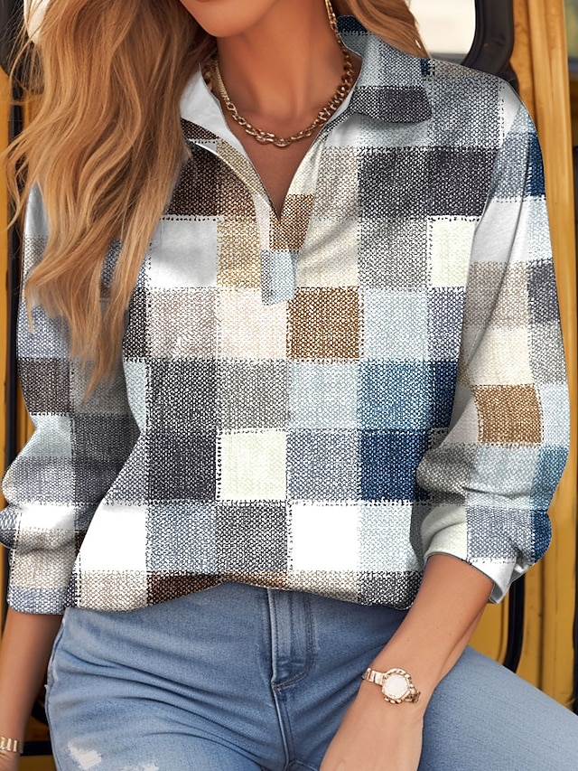Women's T shirt Long Sleeve Plaid Basic Long Sleeve Shirt Collar Regular Tops Daily Weekend Print Light Green Red Green Khaki Gray Spring & Fall Prefall 6
