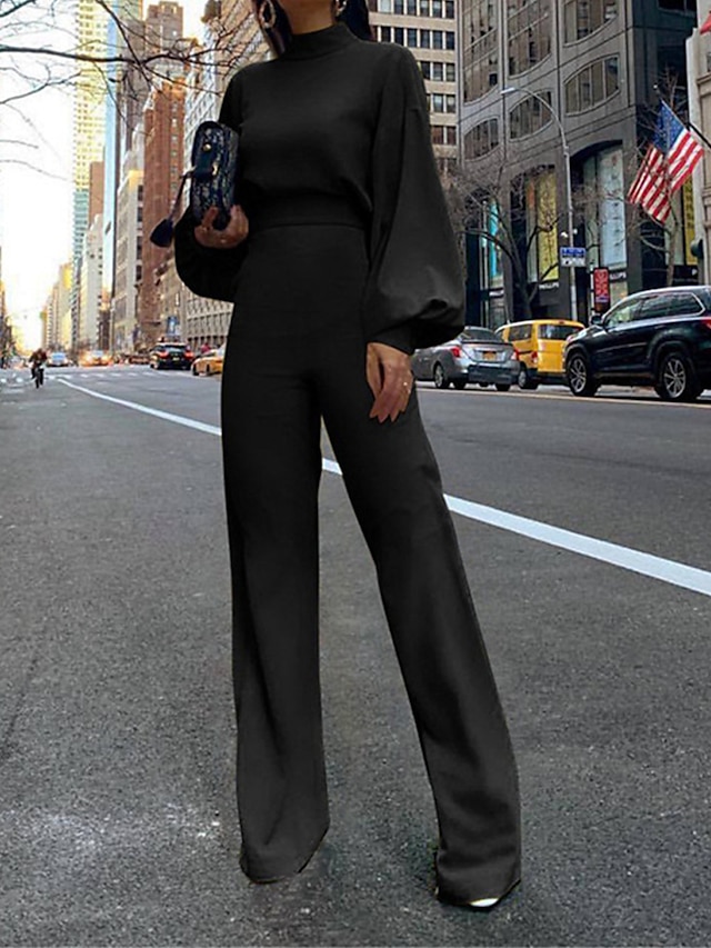  Women's Jumpsuit High Waist Solid Color Stand Collar Streetwear Xmas Office Christmas Regular Fit Long Sleeve Lantern Sleeve Black White Yellow S M L Fall