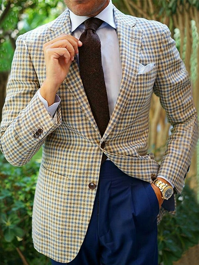  Men's Blazer Formal Evening Wedding Party Birthday Party Fashion Casual Spring &  Fall Polyester Plaid / Check Geometic Pocket Casual / Daily Single Breasted Blazer Yellow