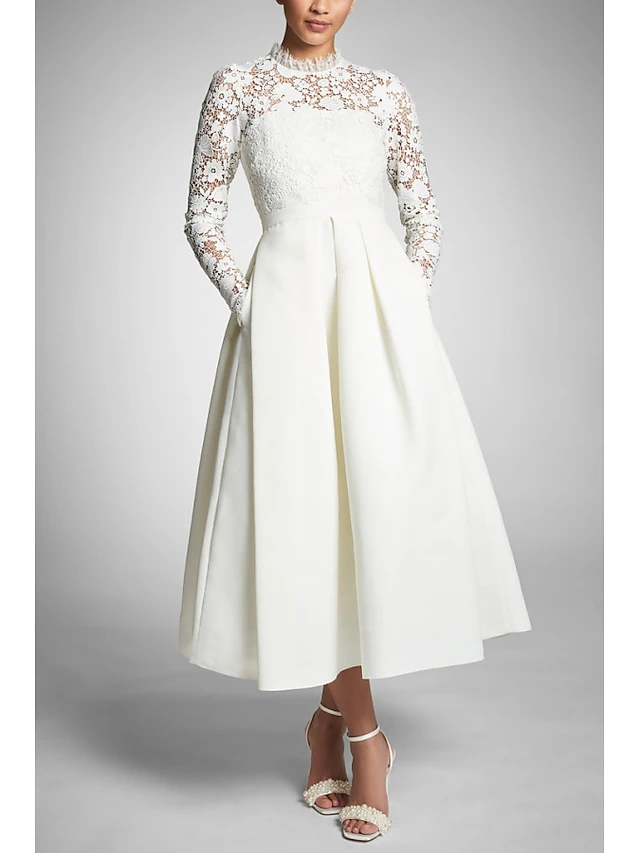 A-Line Mother of the Bride Cocktail Dresses Sexy Dress Wedding Guest Party Wear Tea Length Long Sleeve High Neck Stretch Fabric with Pleats Dresses 8