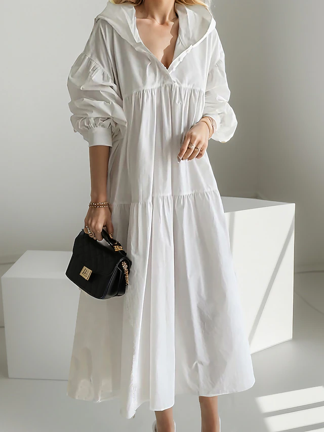 Women's Black White khaki Fall Winter Autumn Maxi Dress White Dress Cotton Linen Dresses Shirt Dress Fashion Basic Classic Outdoor Vacation Daily Loose Fit Plain Hooded 19