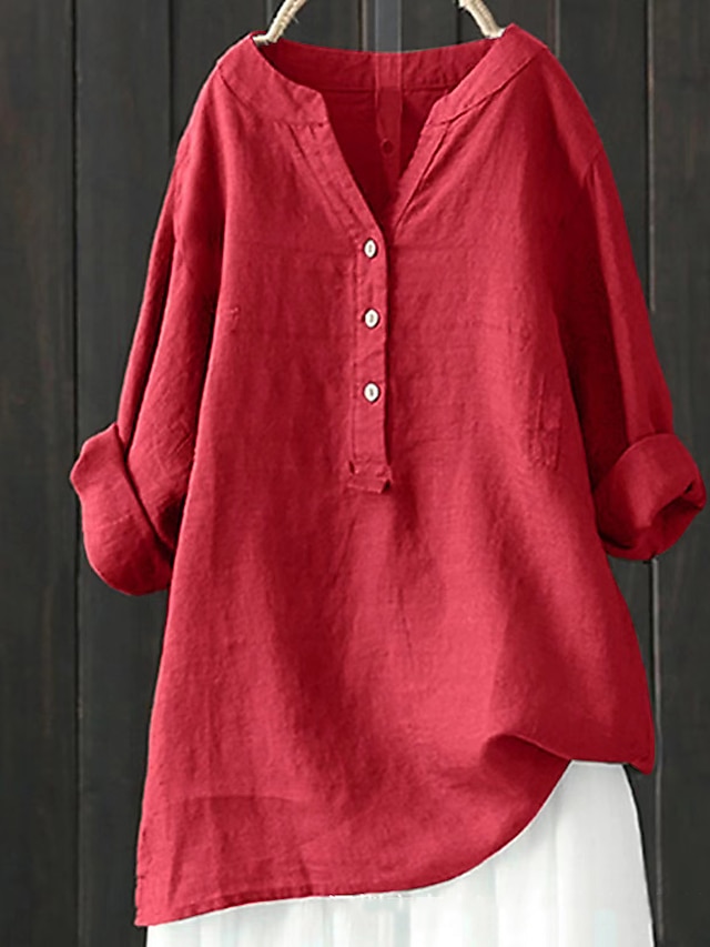  Women's Shirt Blouse Long Cotton Top Linen Plain Button Casual Daily Fashion Daily Basic Long Sleeve V Neck Black Spring &  Fall