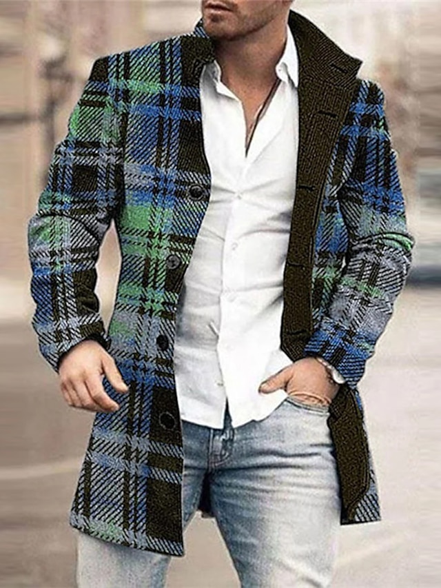  Trench Coat Mens Graphic Jacket Plaid Business Casual Work Wear To Going Out Fall & Winter Stand Collar Long Sleeve Blue Xl Polyester Wool