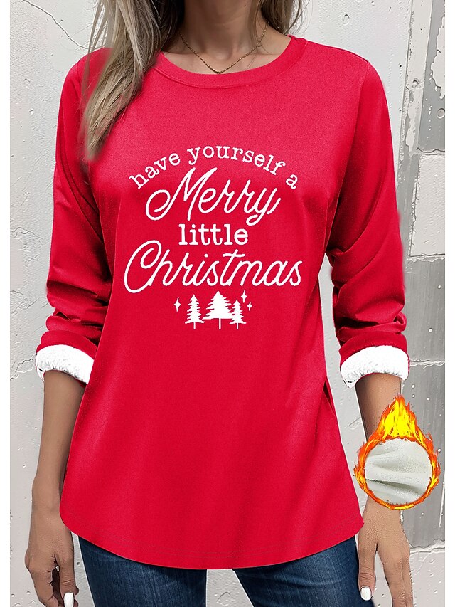 Women's Fleece Lined Pullover Sweatshirt Pajamas Christmas Tree Letter Warm Fuzzy Long Sleeve Round Neck Crewneck Long Tops Christmas Casual Black Red Gray Fall & Winter4