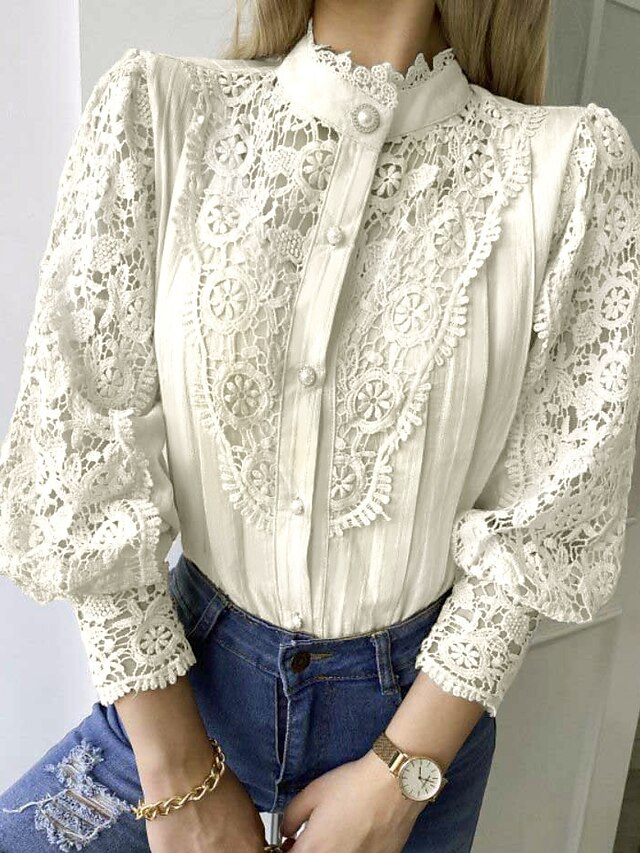 Women's Shirt Lace Shirt Blouse Eyelet top Plain Daily Weekend Lace ...