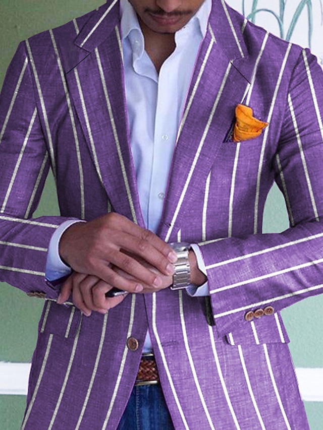  Men's Blazer Formal Evening Wedding Party Birthday Party Fashion Casual Spring &  Fall Polyester Stripes Pocket Casual / Daily Single Breasted Blazer Purple