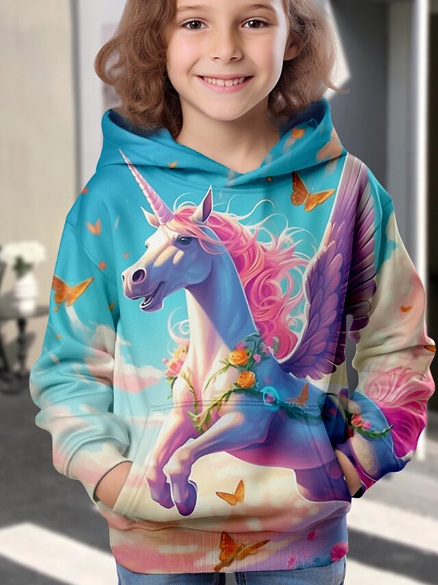 Kids Girls' Hoodie Long Sleeve 3D Print Unicorn Animal Pocket Pink ...