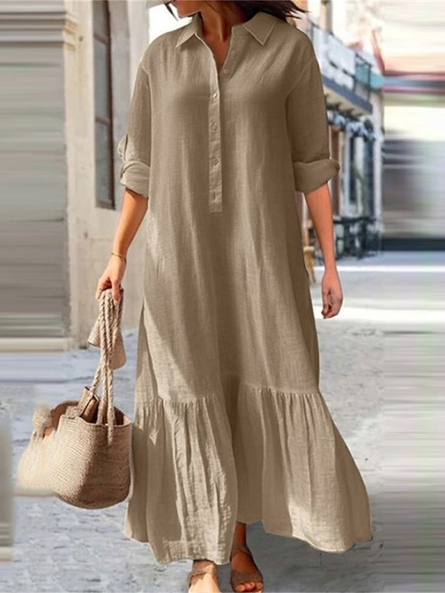  Γυναικεία Καθημερινό φόρεμα Βαμβακερό φόρεμα Βαμβακερό καλοκαιρινό φόρεμα Μακρύ φόρεμα Λινό Σουρωτά Κουμπί Βασικό Κλασσικό Καθημερινά Διακοπές Κολάρο Πουκαμίσου Μακρυμάνικο Άνοιξη Φθινόπωρο Χειμώνας