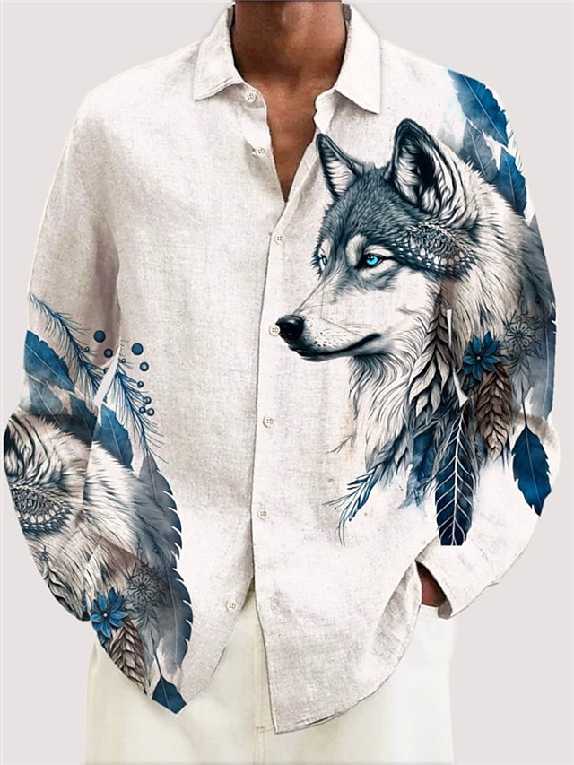  Wolf Vintage Abstract Men's Shirt Outdoor Street Casual Daily Fall & Winter Turndown Long Sleeve White S M L Shirt