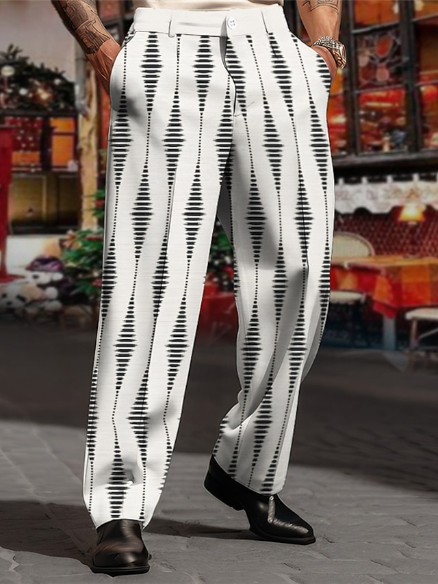  ジオメトリ ビジネス 男性用 3Dプリント パンツ アウトドア ストリート 仕事に着る ポリエステル ブラック ホワイト 褐色 S M L ハイウエスト 弾性 パンツ