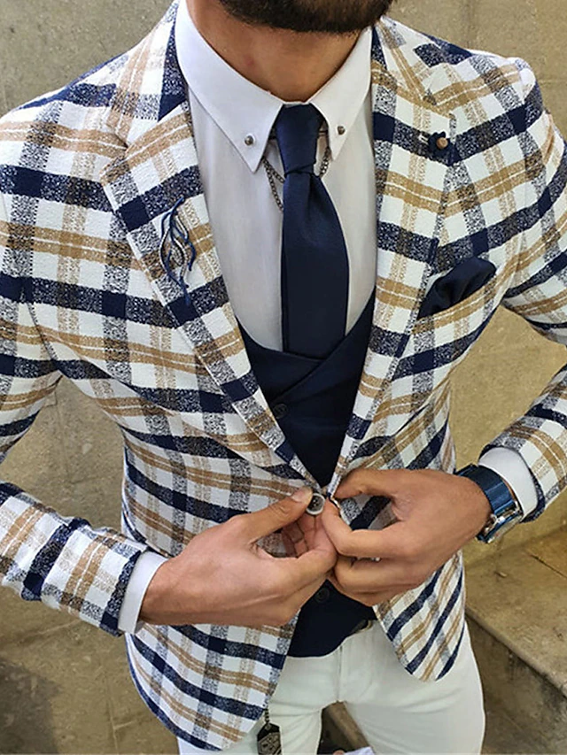 Men's Blazer Formal Evening Wedding Party Birthday Party Fashion Casual Spring &  Fall Polyester Plaid / Check Geometry Pocket Casual / Daily Single Breasted Blazer White2