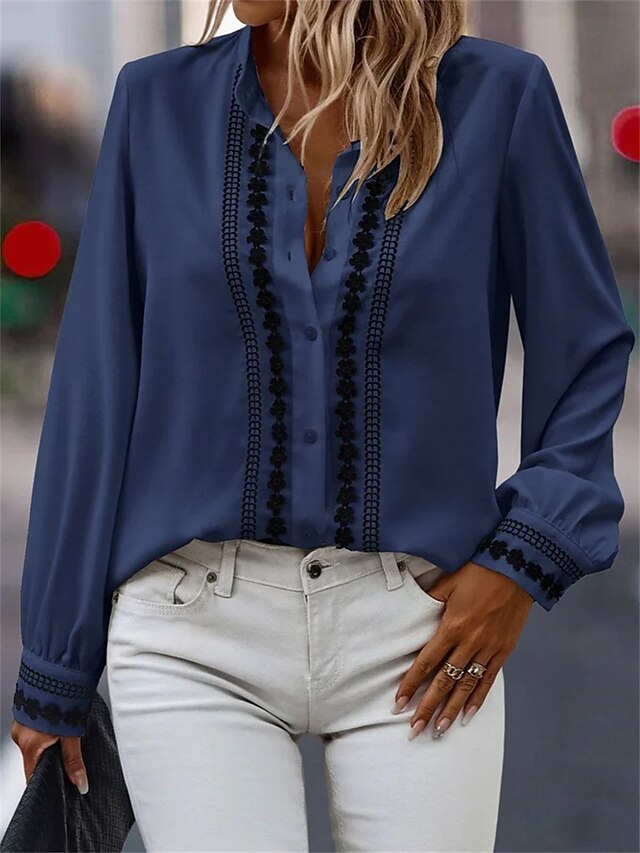  Damen Shirt Mode Bestickte Knöpfe Langarm Regelmäßige Tops Hemdkragen Lässig Schwarz Weiß Pink Blau Beige Frühling  Herbst