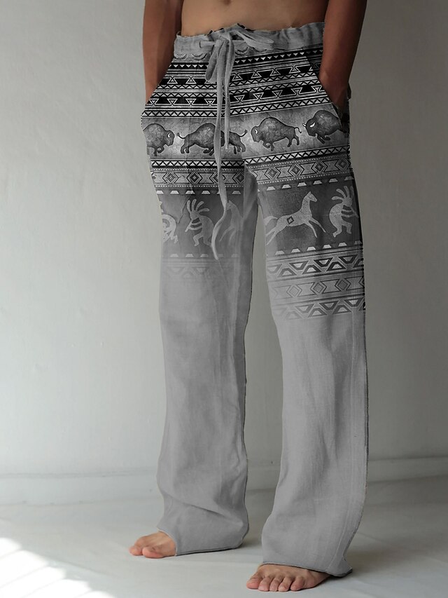Men's Linen Pants Drawstring Elastic Waist Front Pocket Graphic Prints ...