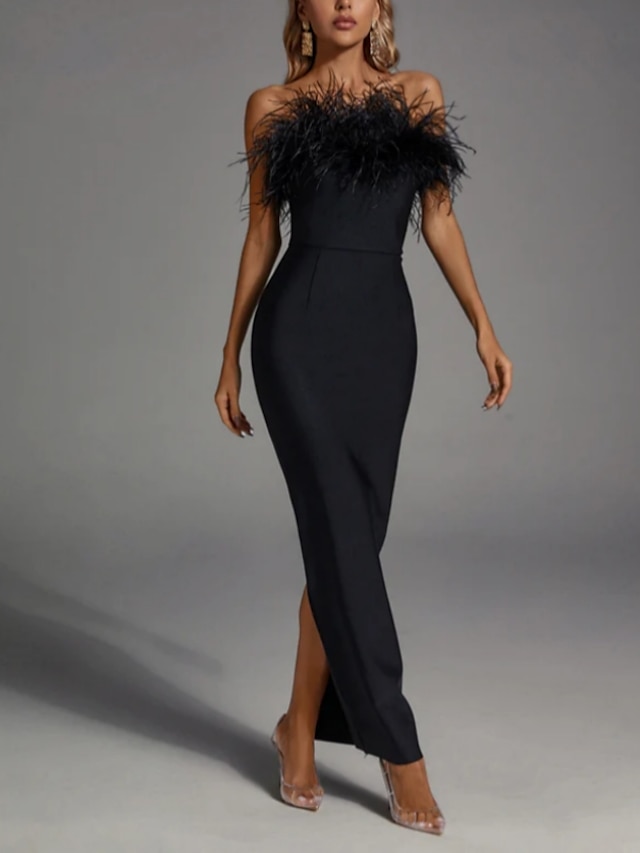  Sheath / Column Black Evening Gowns Elegant Dress Formal Fall Ankle Length Sleeveless Strapless Stretch Fabric with Feather Slit 2024