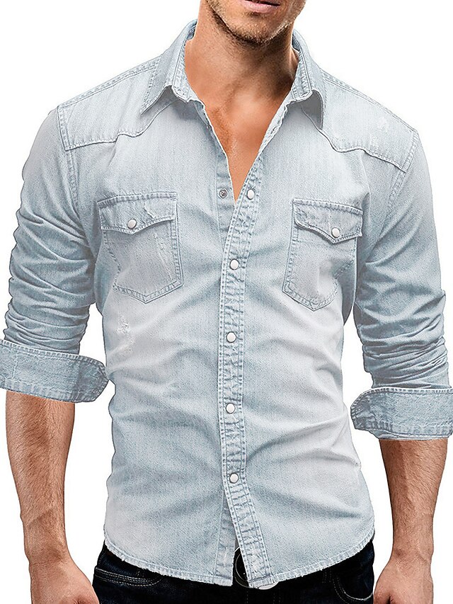 Men's Denim Shirt Light Grey Dark Gray Light Blue Long Sleeve Solid ...
