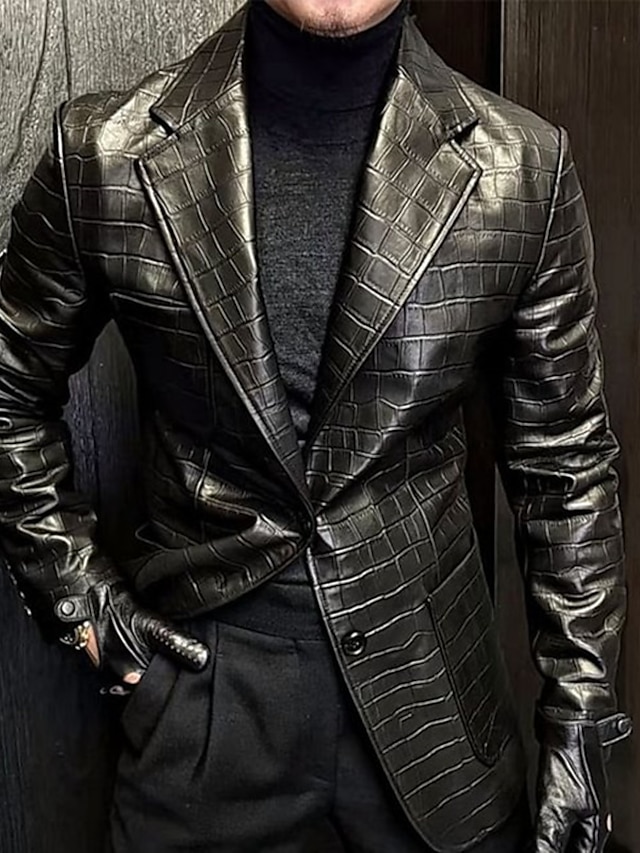  Moda masculina couro pu jaqueta casual blazer plus size regular sob medida ajuste cor sólida único breasted dois botões preto 2024