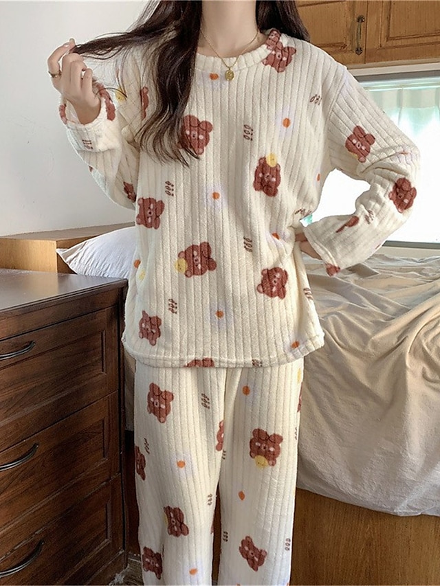  Conjuntos de pijamas de lã femininos fofos e felpudos pijamas quentes urso de frutas pelúcia casual conforto casa diária cama coral velo coral veludo quente gola redonda manga longa calça outono