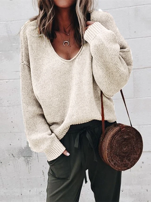 Women's Pullover Sweater Oversized Jumper Knitted Solid Color Stylish Basic Casual Long Sleeve Regular Fit Sweater Cardigans V Neck Fall Winter Black Purple Gray / Holiday 8