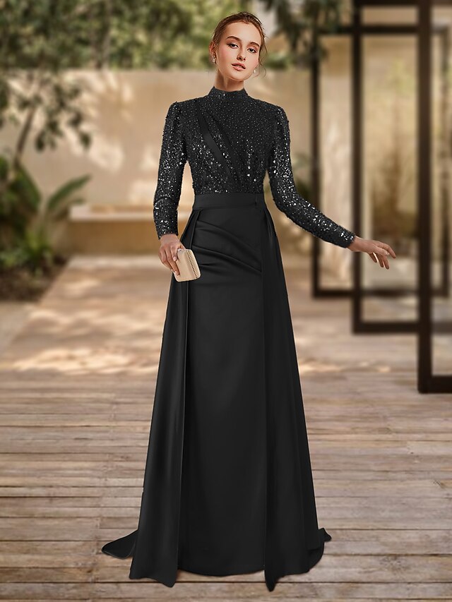Plus Velvet High-Neck Formal Dress | Long Sleeve Beaded Evening Gown with Sweep Train