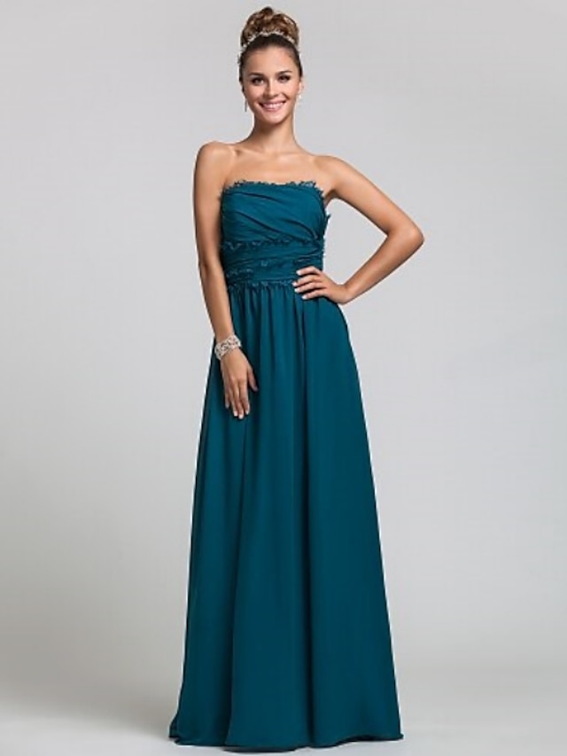  Strak / kolom Strapless Tot de grond Chiffon Bruidsmeisjesjurk met Zijdrapering / Geplooid door LAN TING BRIDE®