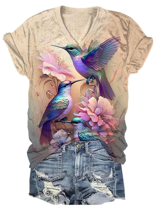  女性用 Tシャツ フラワー 鳥 祝日 週末 プリント パープル 半袖 ファッション Ｖネック 夏