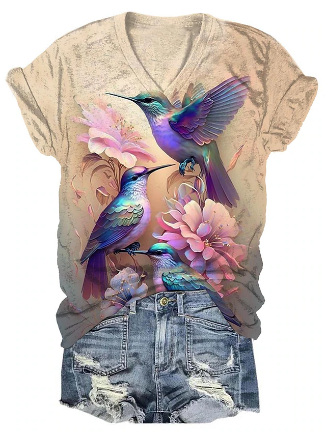 Women's T Shirt Fashion Floral Print Short Sleeve Regular Tops V Neck Holiday Weekend Purple Beige Summer 9
