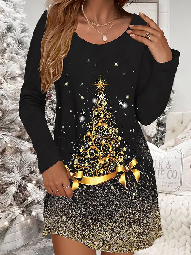 Women's Christmas Dress Winter Dress Christmas Tree Snowflake Print V