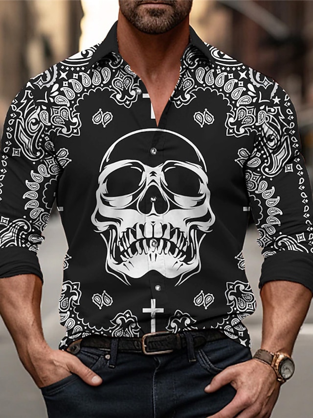  Men's Skull Shirt Long Sleeve Abstract Outdoor Street Casual Daily Fall & Winter Turndown Buttons Print Black Green