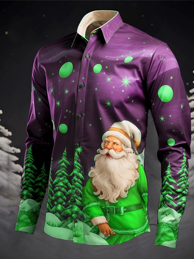  Santa Claus Tree Casual Men's Shirt Daily Wear Going out Fall & Winter Turndown Long Sleeve Gray+Purple, Yellow, Red S, M, L 4-Way Stretch Fabric Shirt