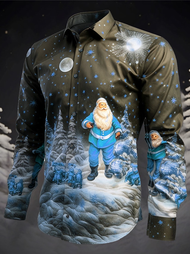  Herre julenissen Juletre Skjorte Langermet Fritid Jul Dagligdagstøy Ut på byen Høst vinter Aftæpning Trykt mønster Knapp ned Militærgrønn Rød Mørk Marineblå Kongeblå Blå