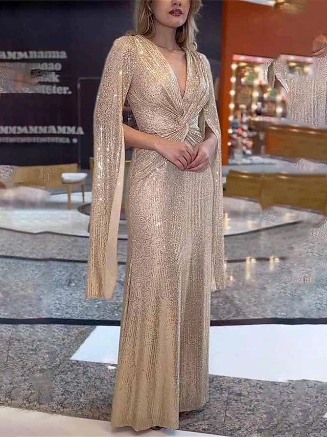 Women's Sequin Dress Prom Dress Party Dress Sequins Glitter V Neck Long Sleeve Winter Dress Champagne Red Fall Winter 13