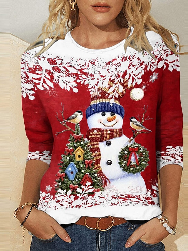  Chemise de Noël Femme T shirt Tee Bonhomme de neige Motif de flocon de neige Rose Claire Rouge bleu marine manche longue Imprimer Fête / Célébration Soirée Noël Fin de semaine Col Rond Standard