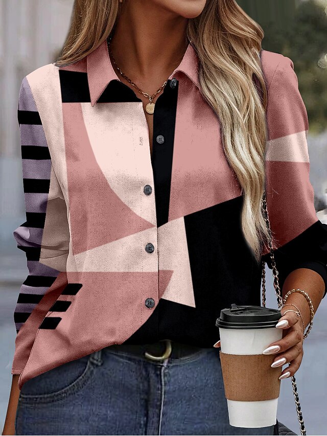 Women's Shirt Button Down Tunic Shirt Collar Long Sleeve Fashion Color Block s Print Regular Tops Casual Pink Blue Purple Green Khaki Spring & Fall 6