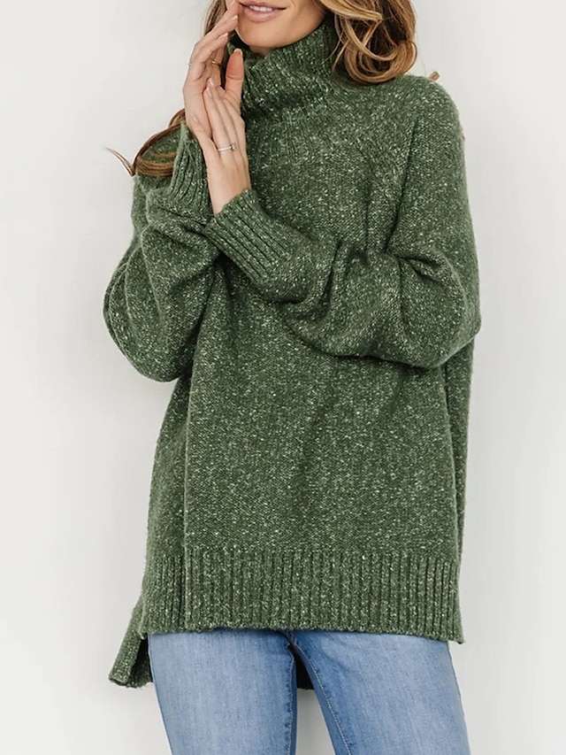  damski sweter pulowerowy w dużych rozmiarach sweter z golfem prążkowana dzianina poliester rozcięcie jesień zima regularny na zewnątrz wyjście weekendowe stylowy plus size na co dzień z długim