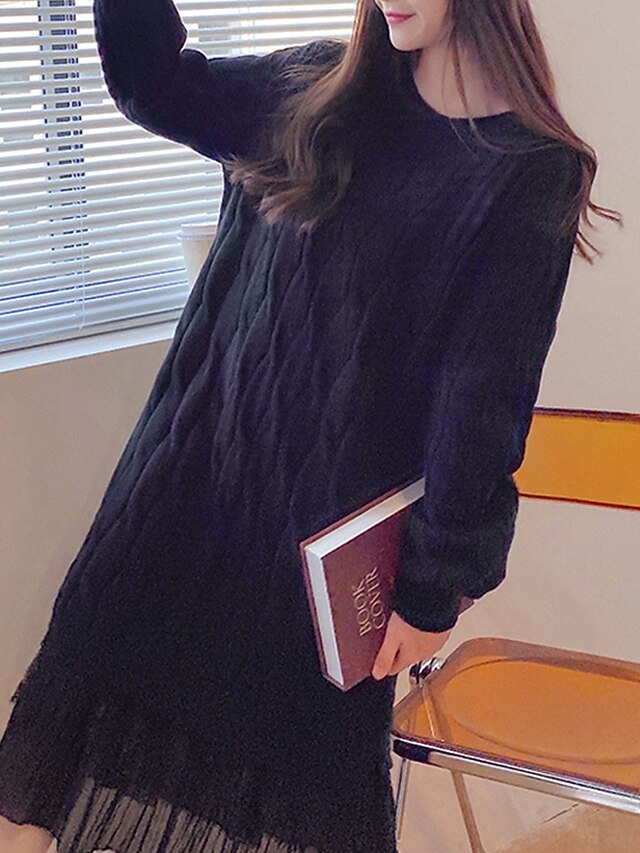  Robe Pull Robe en maille Femme robe longue Extérieur Casual Vacances manche longue Col Ras du Cou Ruché Patchwork Tricot Mode Plein Ample 2023 Noir Blanche Rose Claire Taille Unique