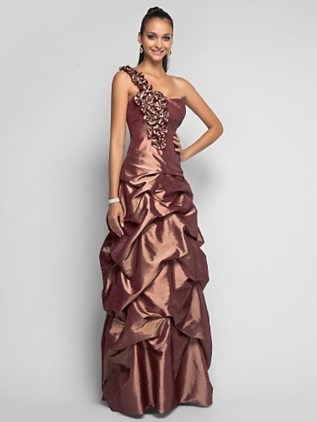  Sheath / Column Open Back Dress Prom Formal Evening Floor Length Sleeveless One Shoulder Taffeta with Pick Up Skirt Flower 2023