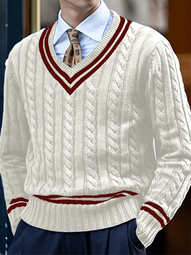  Bărbați Pulover pulover Săritor Cablu Tricotat Regulat Tricotat Dunga În V Contemporan modern Crăciun Muncă Îmbrăcăminte Iarnă Alb Galben M L XL
