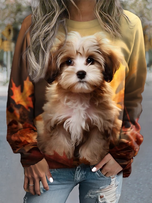  Women's Sweatshirt Pullover Dog Casual Sports Brown Active Sportswear Round Neck Long Sleeve Top Micro-elastic Fall & Winter